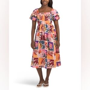 NWT - US Together Pink Floral Printed Puff Sleeve Smocked Bodice Midi Dress - L